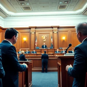 Courtroom scene depicting legal proceedings