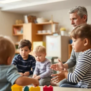 Children playing in a daycare with safety-focused toys.