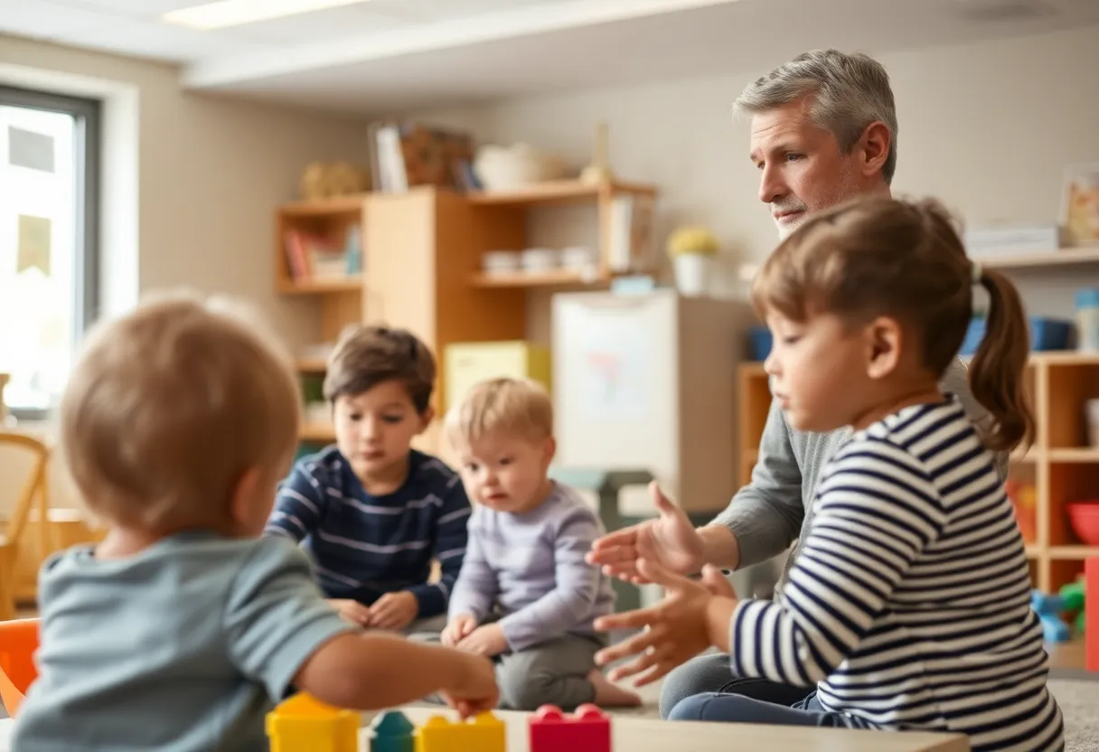 Children playing in a daycare with safety-focused toys.