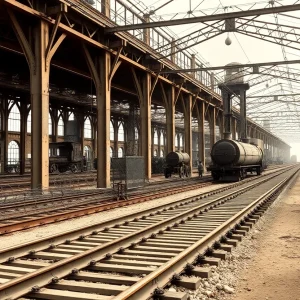 An illustration representing Louisiana's industrial growth and railways.