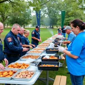 First responders enjoying a barbecue meal at the Feed the Cops & Feed the Fire event.