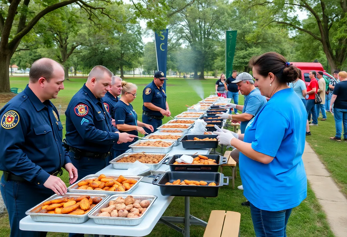 First responders enjoying a barbecue meal at the Feed the Cops & Feed the Fire event.