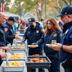 Community members serving food to first responders at the Feed the Cops Feed the Fire event.