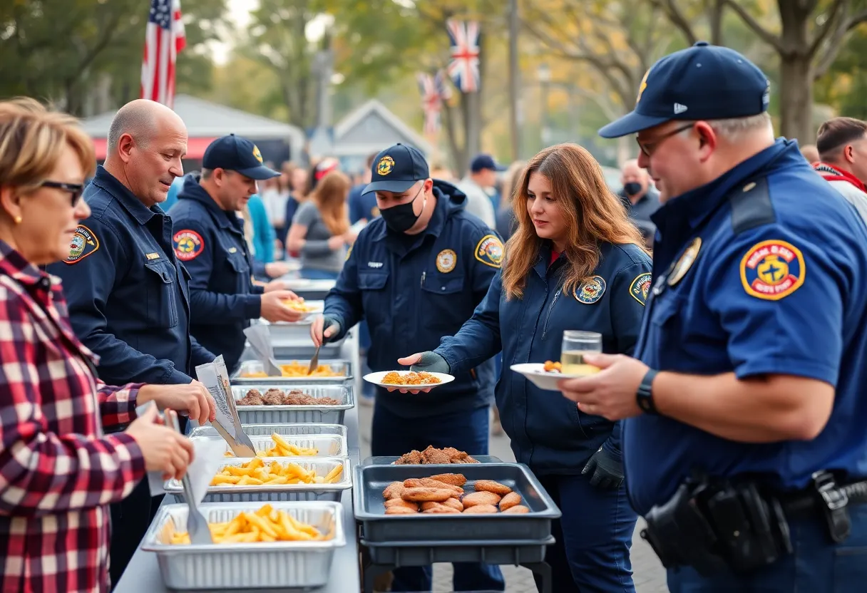 Community members serving food to first responders at the Feed the Cops Feed the Fire event.
