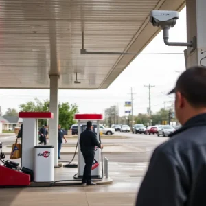 A gas station in Shreveport highlighting surveillance cameras.