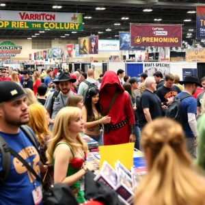 A lively comic and pop culture convention with fans in costumes, vendors, and event signage.