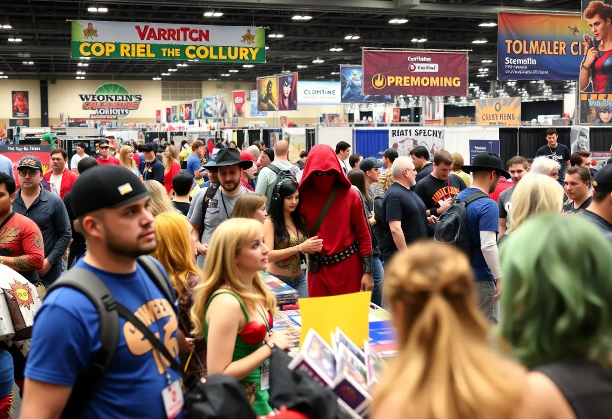 A lively comic and pop culture convention with fans in costumes, vendors, and event signage.
