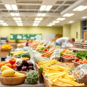 A variety of healthy school lunch foods including fruits, vegetables, and grains.