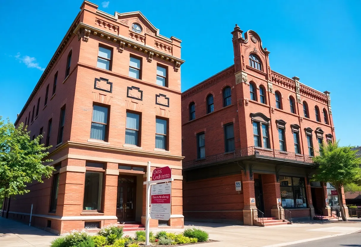Two historic buildings for sale in downtown Shreveport, with a 'For Sale' sign.
