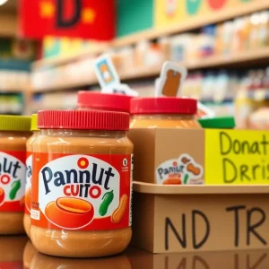 Peanut butter jars in a donation bin at Kroger