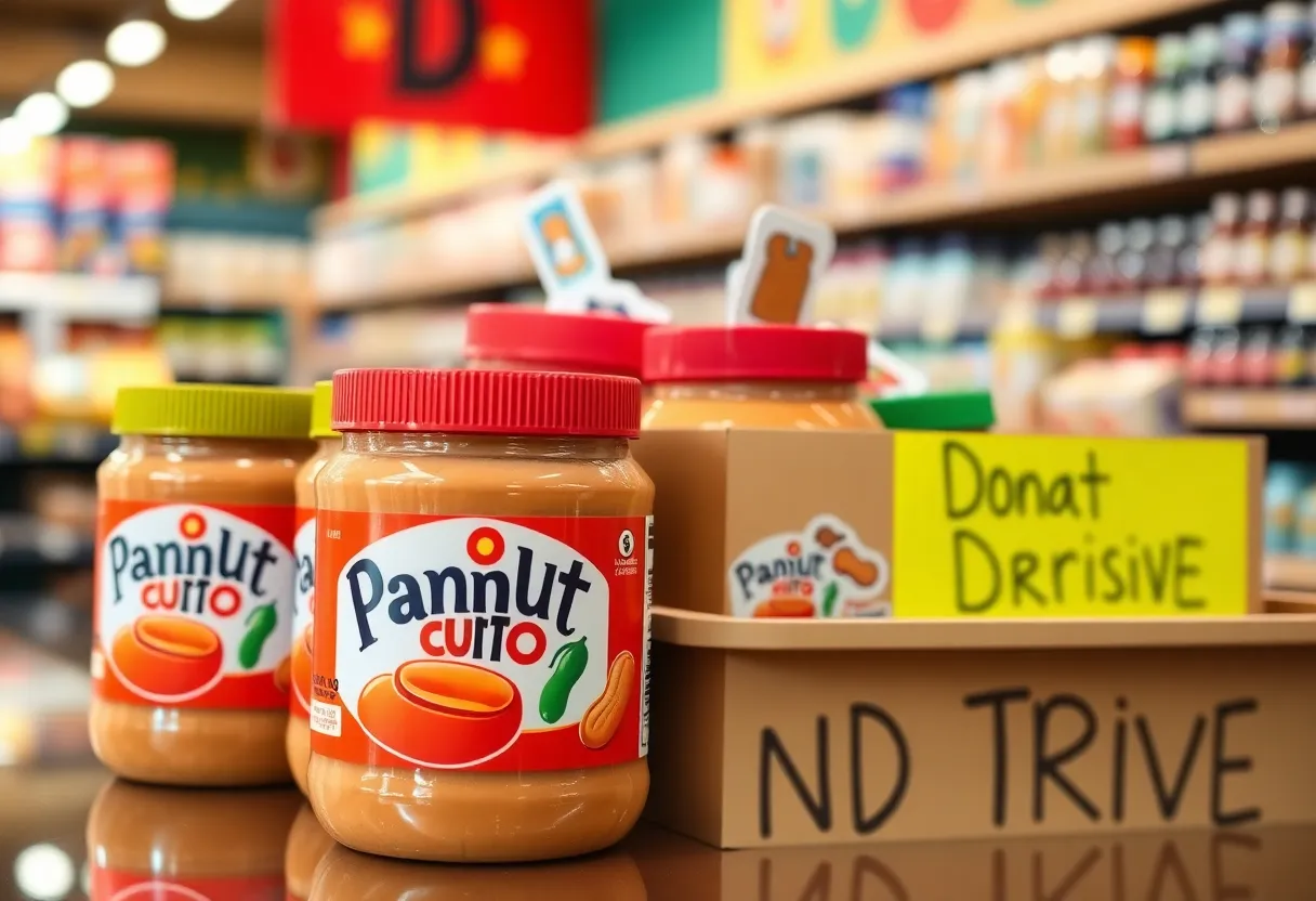 Peanut butter jars in a donation bin at Kroger