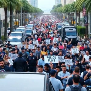 Crowd of protesters in Los Angeles rallying for immigration rights.