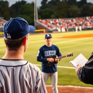 Collegiate baseball players in action during a game