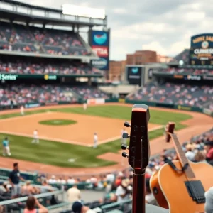 LSU players during a College World Series game with musical elements in the background.