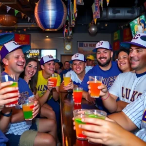 LSU baseball fans at Rocco's Pizza during the College World Series with Jell-O shots