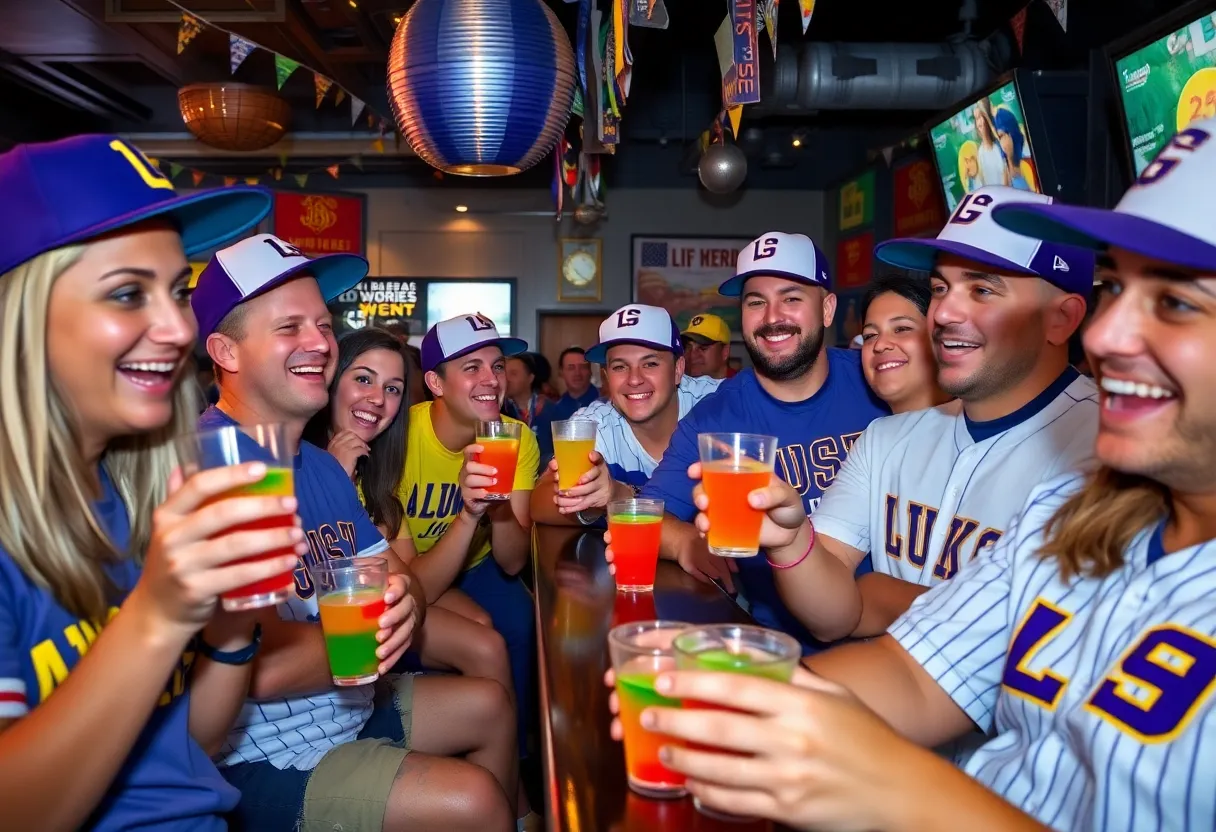 LSU baseball fans at Rocco's Pizza during the College World Series with Jell-O shots