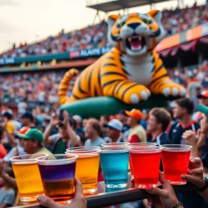 Crowd of LSU baseball fans enjoying Jello Shot Challenge