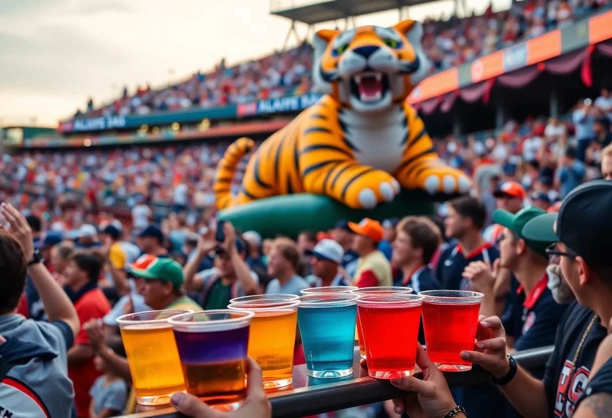 Crowd of LSU baseball fans enjoying Jello Shot Challenge