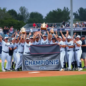 LSU Shreveport baseball team celebrates their NAIA championship win.