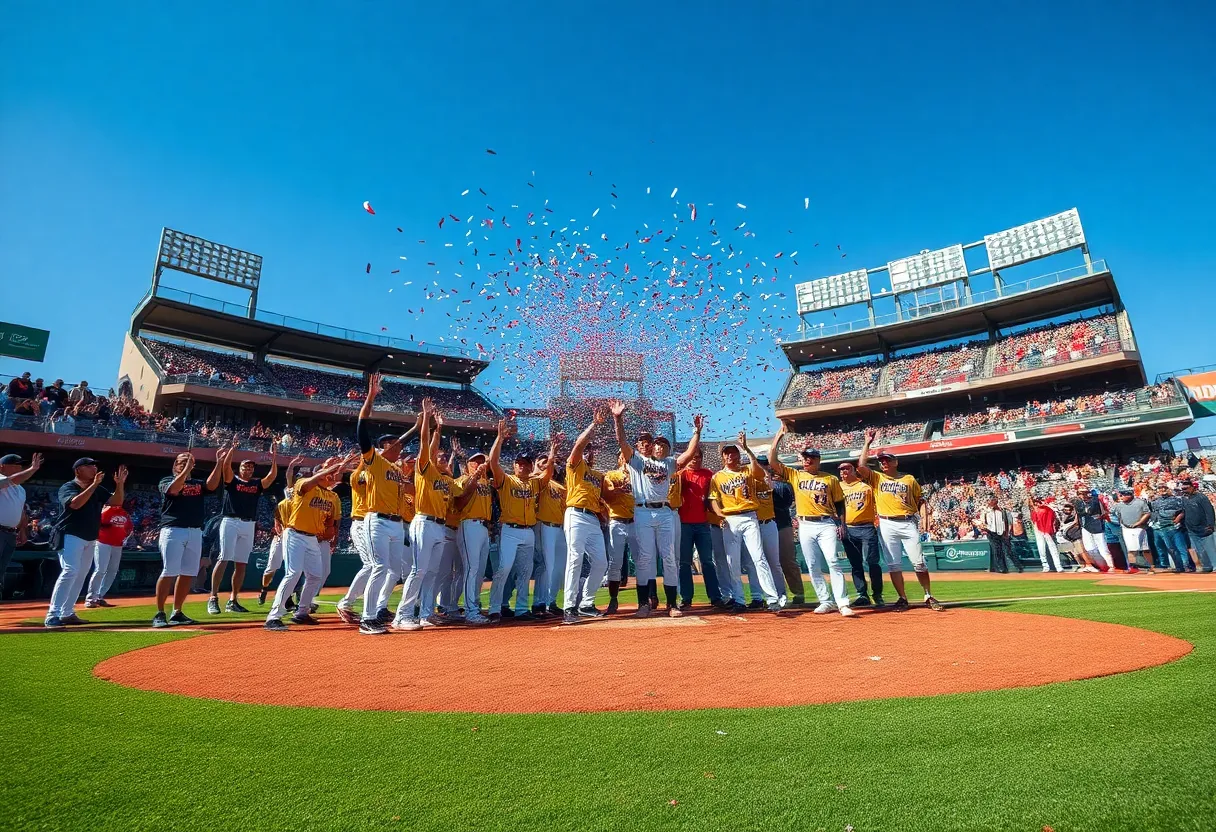 LSU Shreveport Pilots celebrating their NAIA championship win on the baseball field