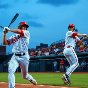 LSU baseball players celebrating their victory in the semifinals