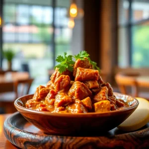 Bowl of maafe, a peanut butter stew, presented in a stylish bistro setting.