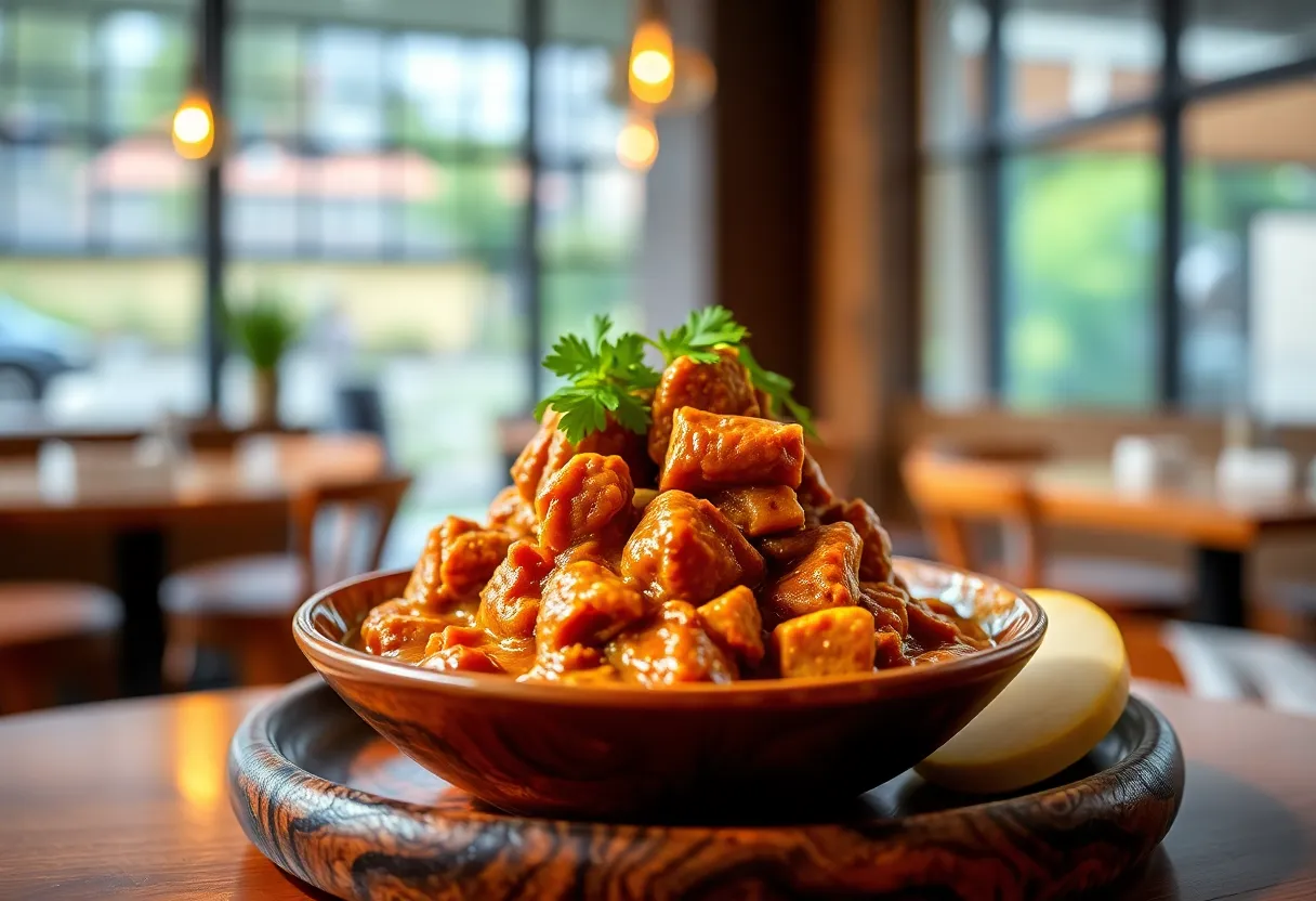 Bowl of maafe, a peanut butter stew, presented in a stylish bistro setting.