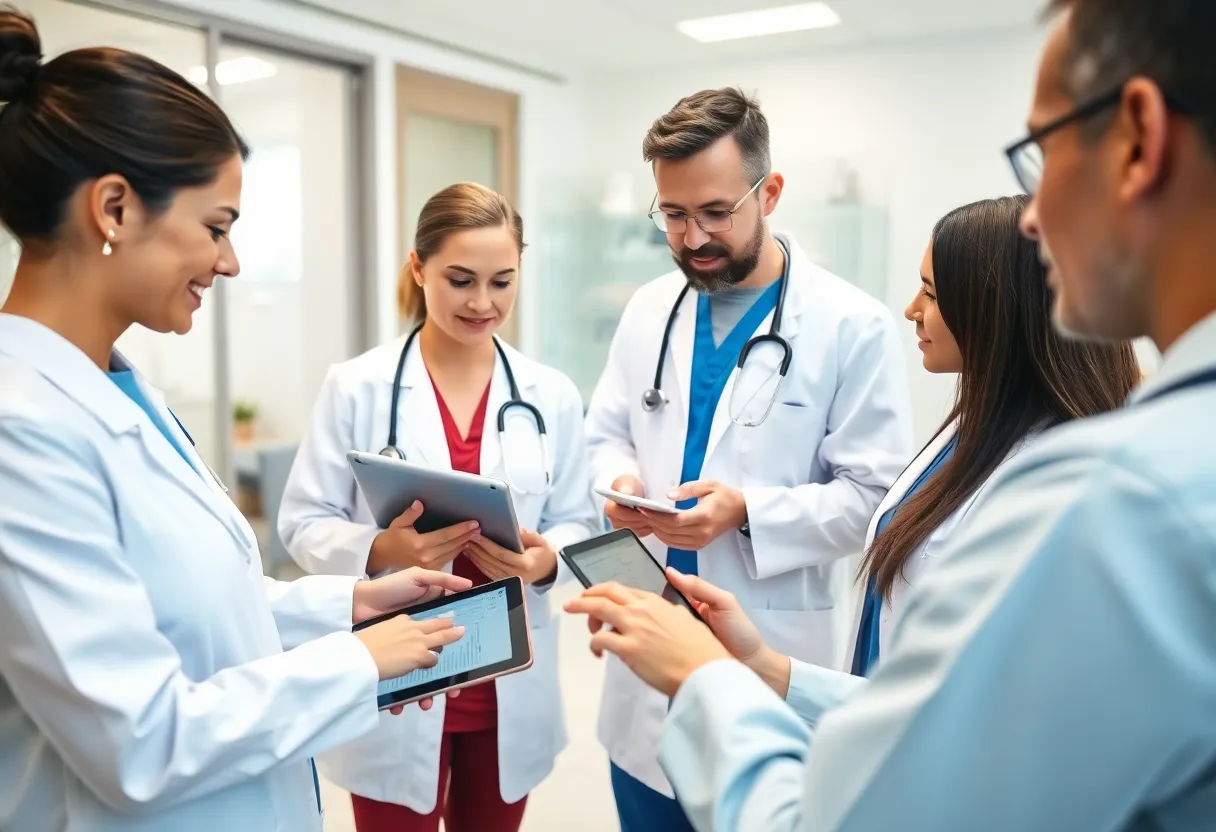 Healthcare professionals discussing the MEDITECH Expanse EHR system in a clinic.