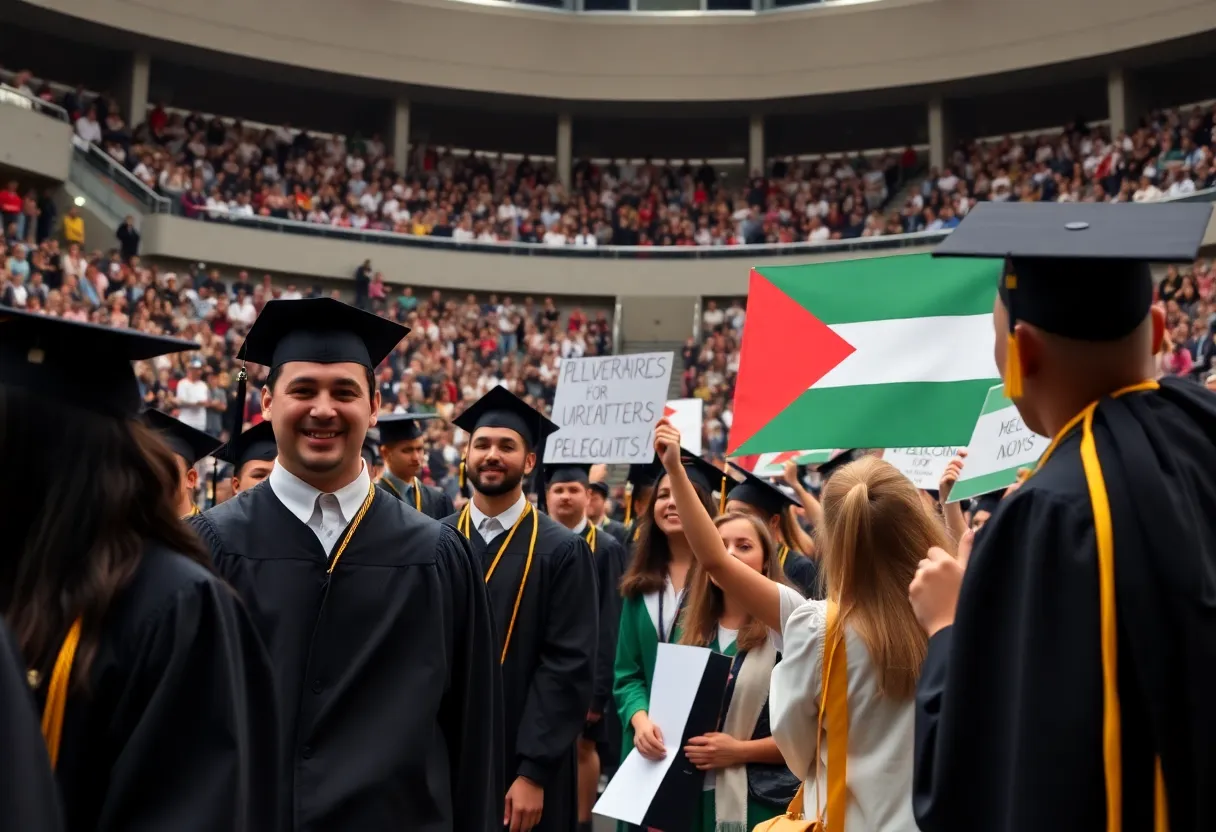 Protest and celebration at university graduation ceremony