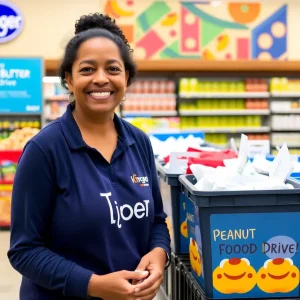 Community volunteers collecting peanut butter for the food drive at Kroger