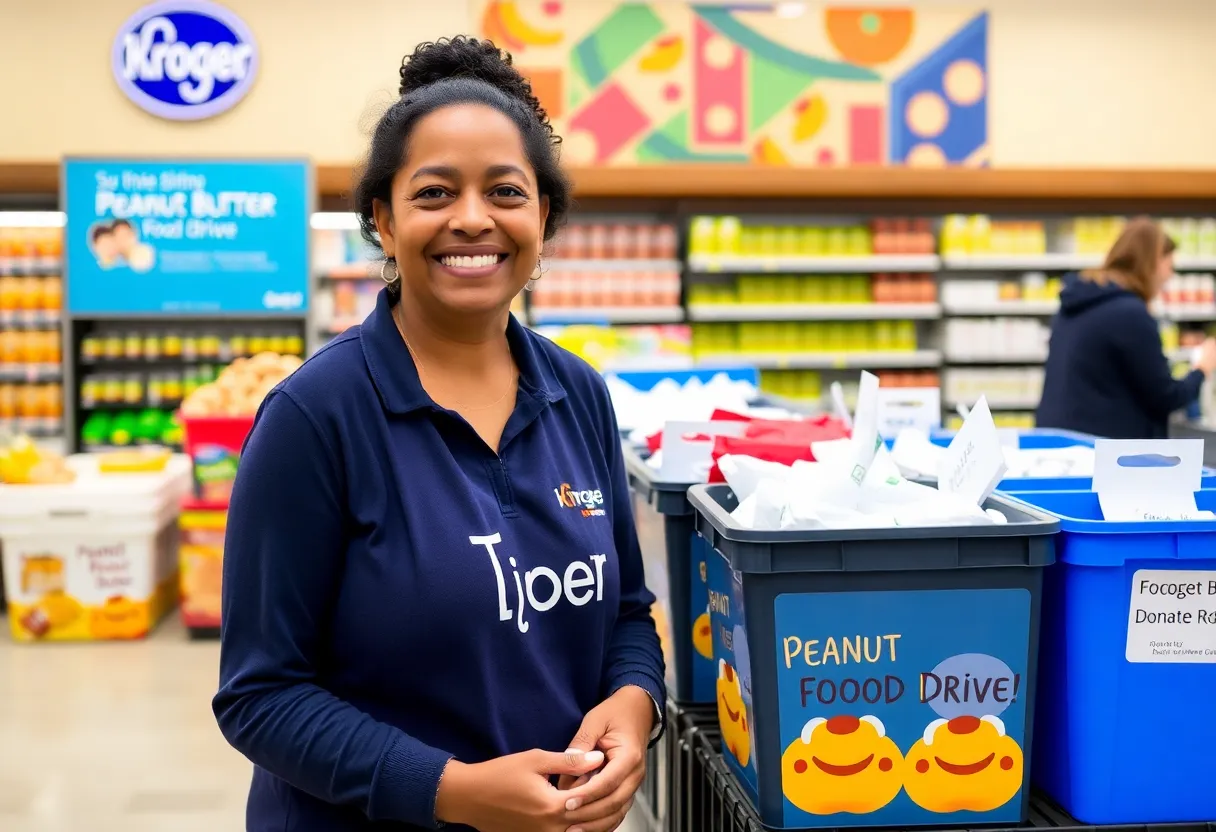 Community volunteers collecting peanut butter for the food drive at Kroger