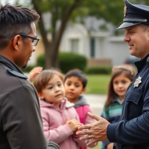 Police officer talking to children in a neighborhood