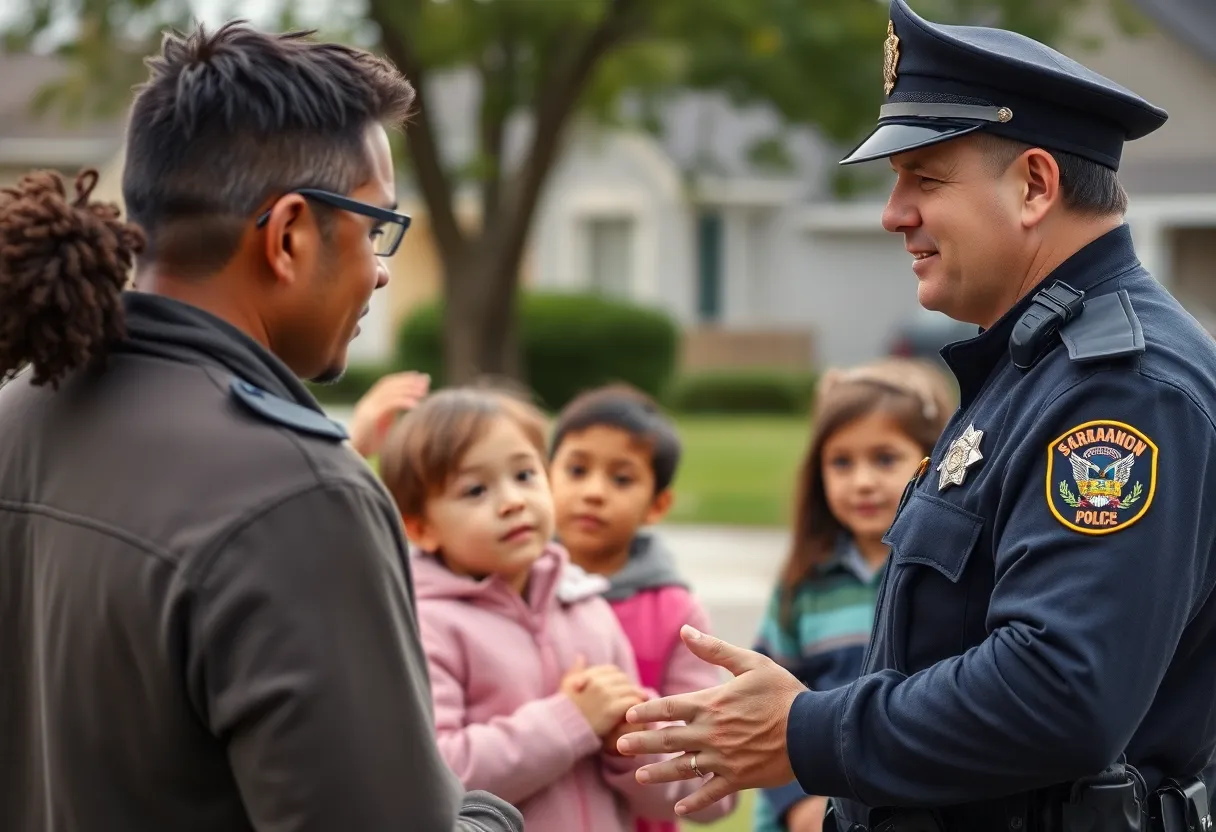 Police officer talking to children in a neighborhood