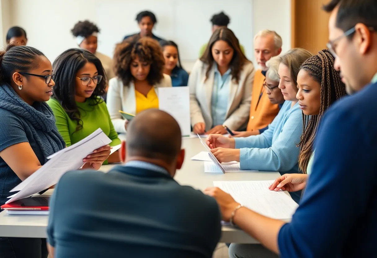 Participants engaging in a poverty simulation workshop at Bossier Parish Community College.