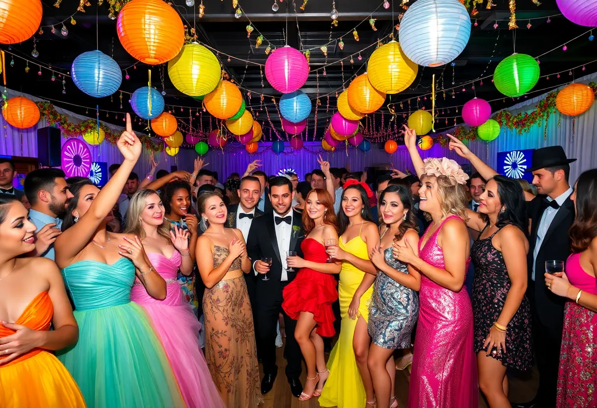 Diverse attendees enjoying the Q-Prom celebration in vibrant attire.