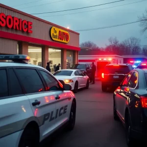 Police and emergency responders at a shooting scene outside an auto service shop.