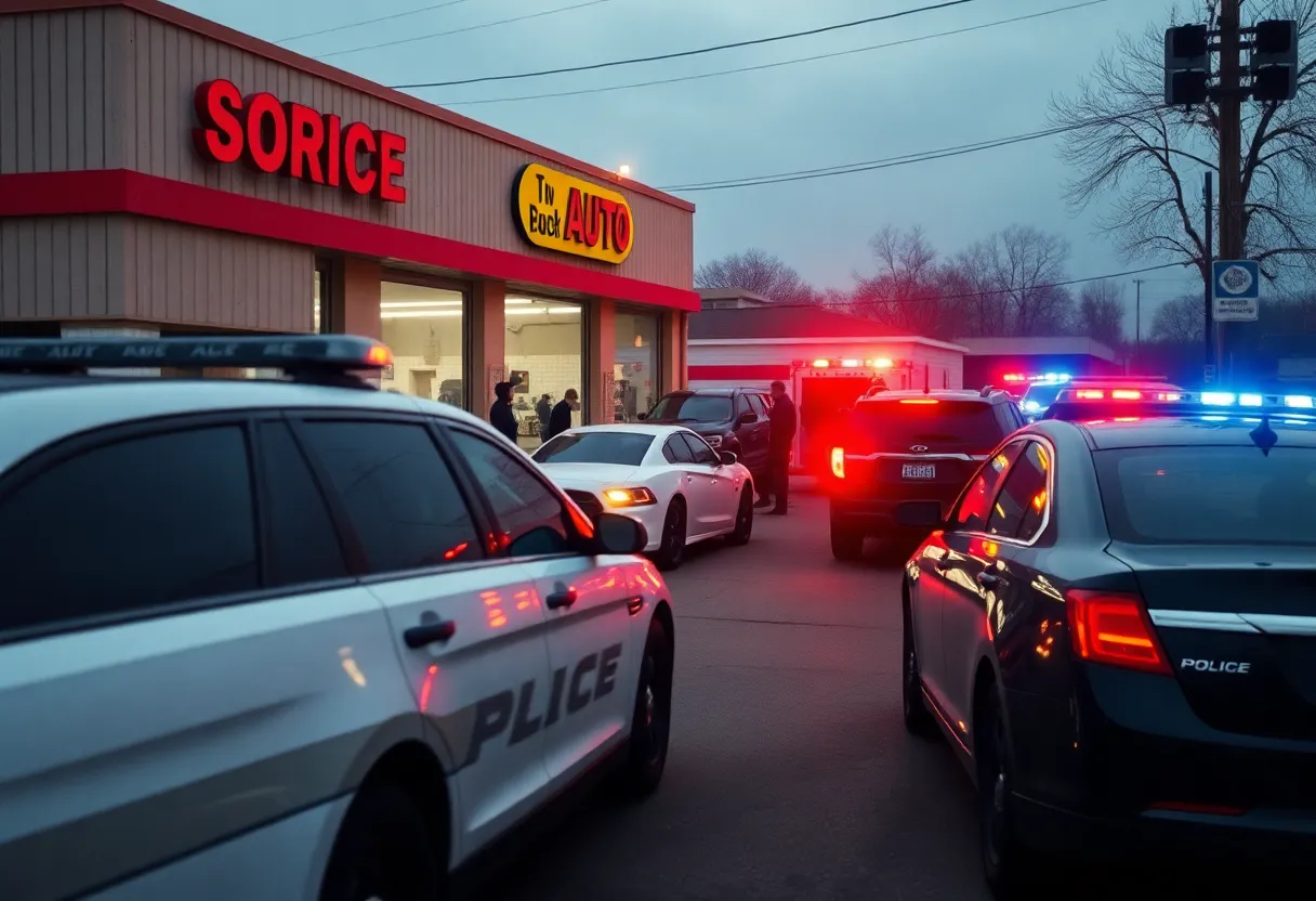Police and emergency responders at a shooting scene outside an auto service shop.