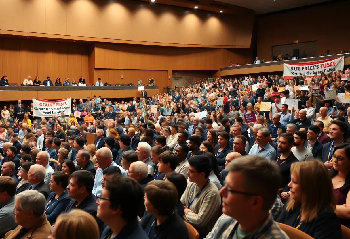 Public meeting event in Shreveport with attendees engaged in a political rally.