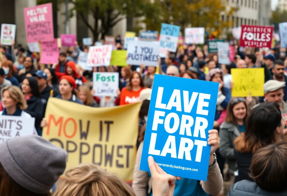 A large crowd gathered at a political rally with signs advocating for progressive values.
