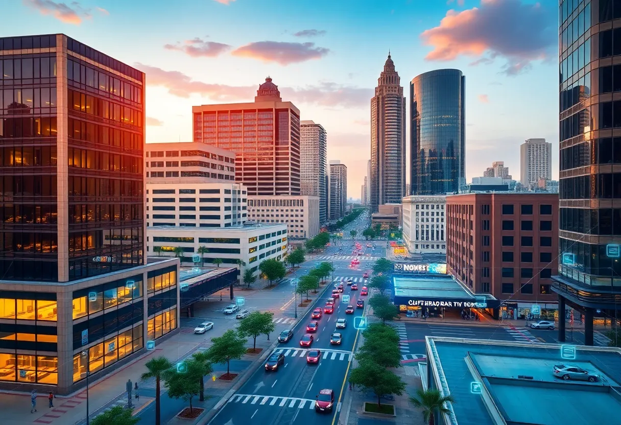 A city view of Shreveport highlighting business activities.