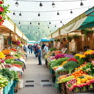 Vibrant farmers' market with fresh produce and vendors
