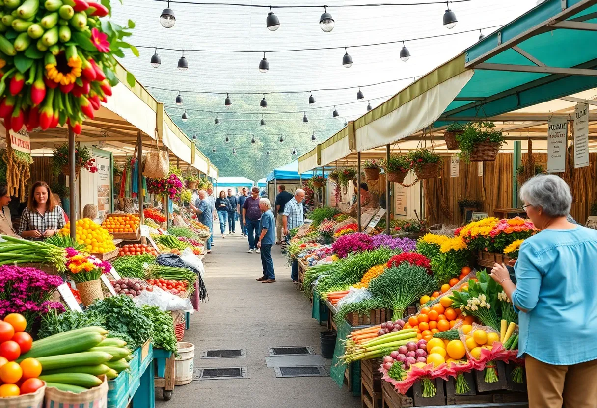 Vibrant farmers' market with fresh produce and vendors