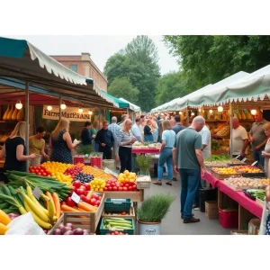 Vendors and visitors at the Shreveport Farmers' Market during summer season at Festival Plaza.