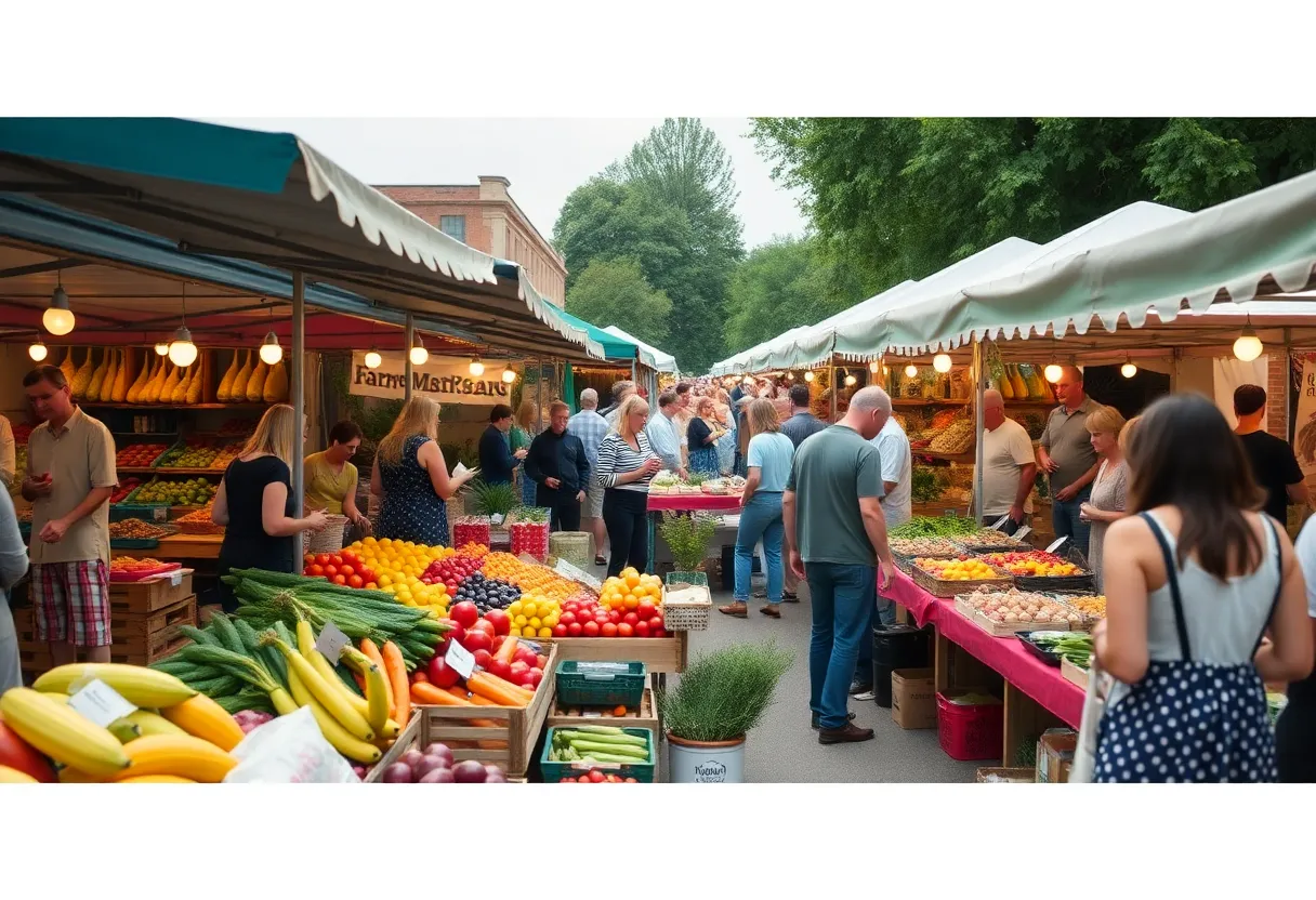 Vendors and visitors at the Shreveport Farmers' Market during summer season at Festival Plaza.