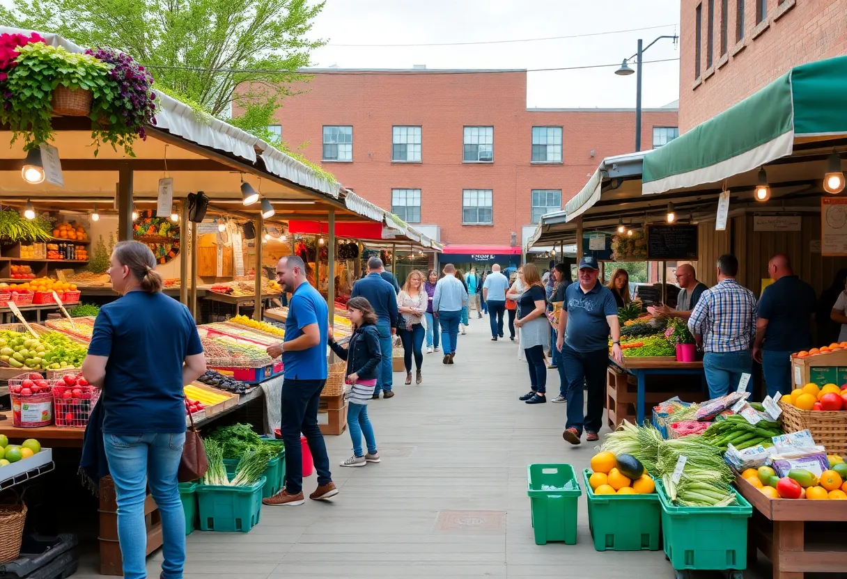 Vibrant scene of the Shreveport Farmers' Market with stalls filled with fresh produce and local crafts.