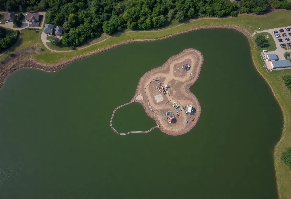 Aerial view of Cross Lake with fracking equipment and residential areas in Shreveport, Louisiana.