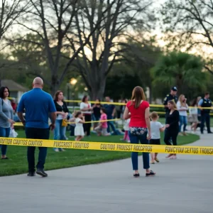 Police officers investigating a shooting scene in a public park