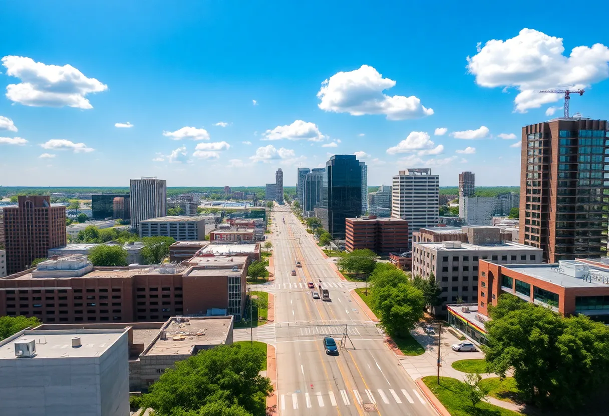 Cityscape of Shreveport during a heat advisory with storm remnants.