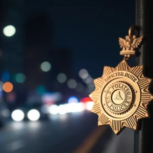 Shreveport Police badge on a blurred urban background