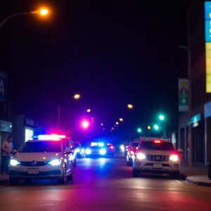 Police lights illuminating a dark street in Shreveport